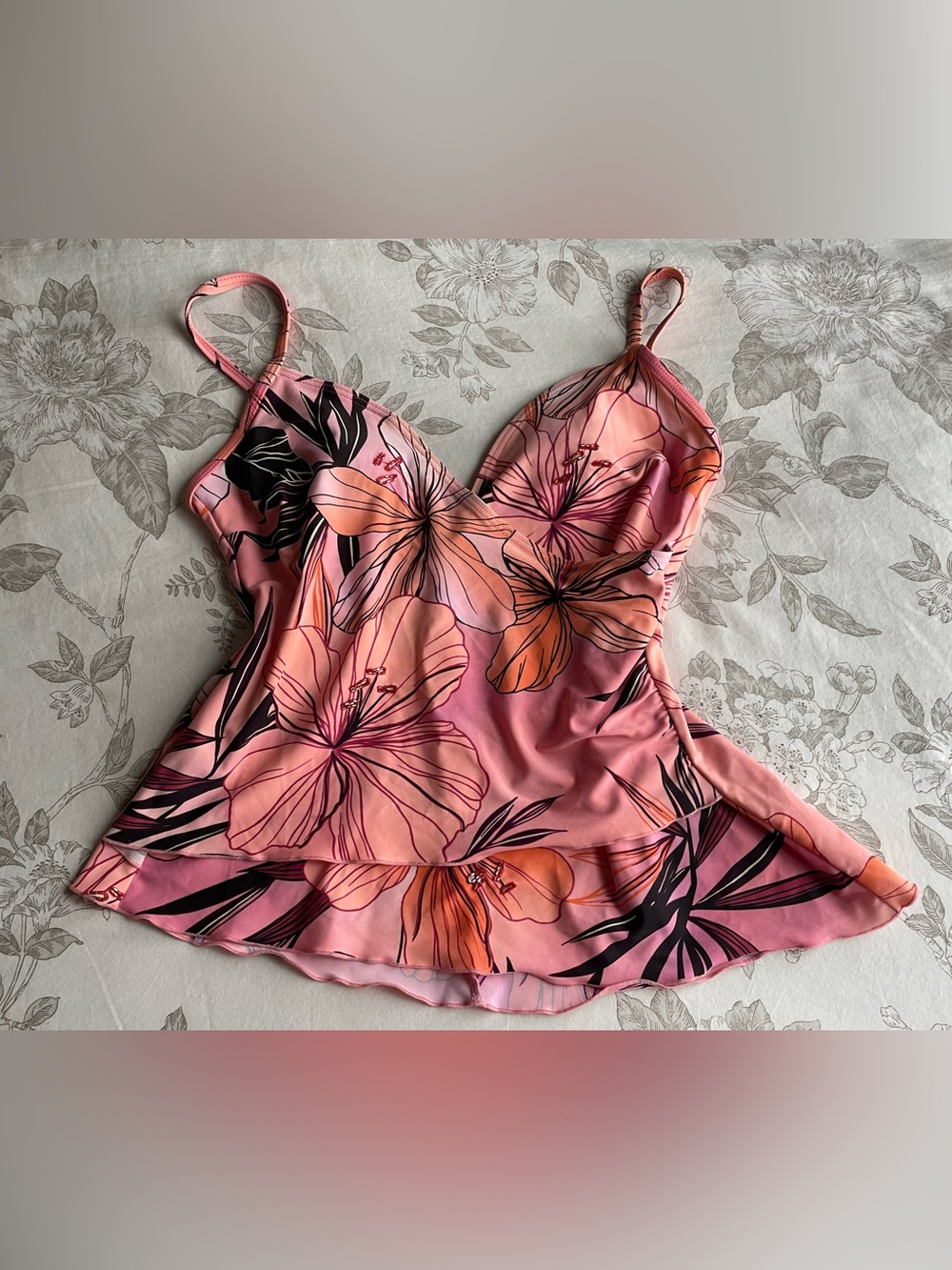Christina Pink Beaded Asymmetric Floral Tankini Top 10 Tropical Fairy Hibiscus